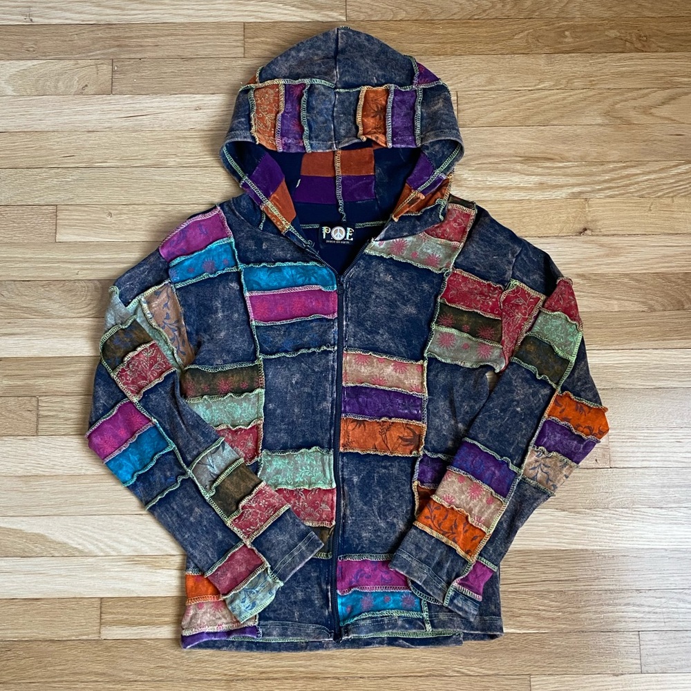 Patchwork Stonewashed Zip-Up Hoodie